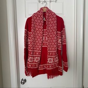 Red and white Austin sweater and scarf combo